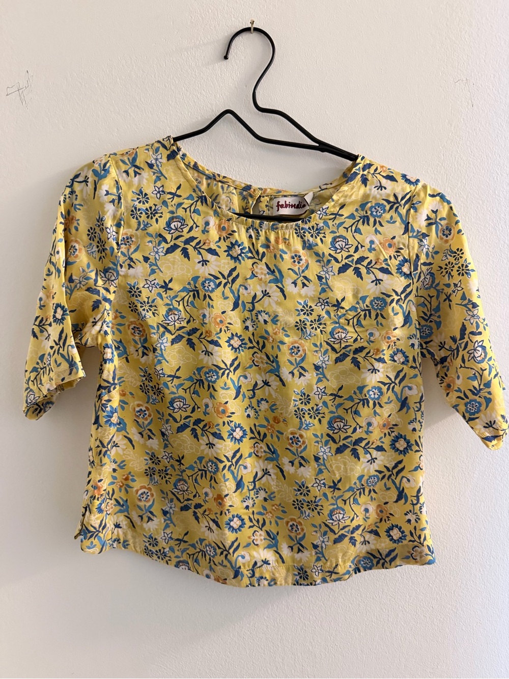 fabindia Yellow Floral Short-Sleeve Women's Top with Blue Print